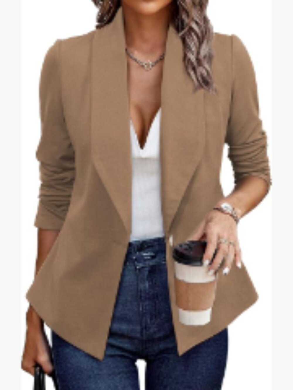 Polyester Elastane Blazer Long Sleeve Open Front Work Office Jacket - Picture 1 of 5